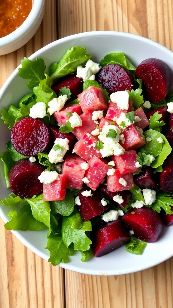 Vibrant Tuna and Beet Salad Recipe Vibrant tuna and beet salad with beets, greens, tuna, and feta cheese in a rustic setting.